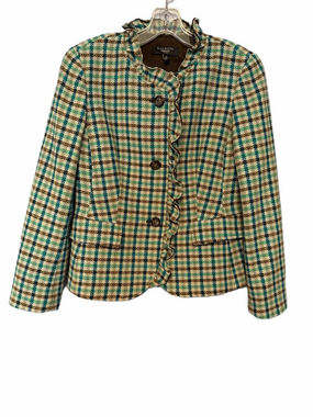 Talbots Green Cream Plaid Ruffle Trim Blazer Wool Petite 6P Elbow Patch
